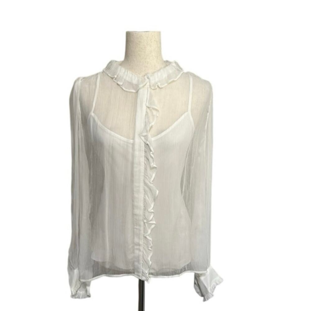 J.Crew Ruffle Button-Up Shirt WMNS Sz 12 White Crinkle Chiffon Sheer Long Sleeve - Picture 2 of 8